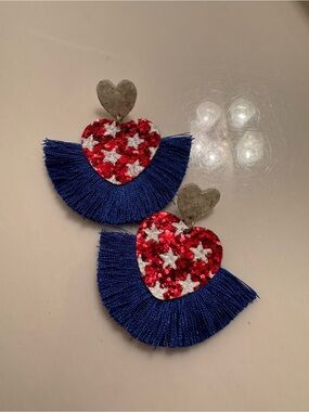 Patriotic Red Sequin Heart Fringe Earrings with Blue Tassels